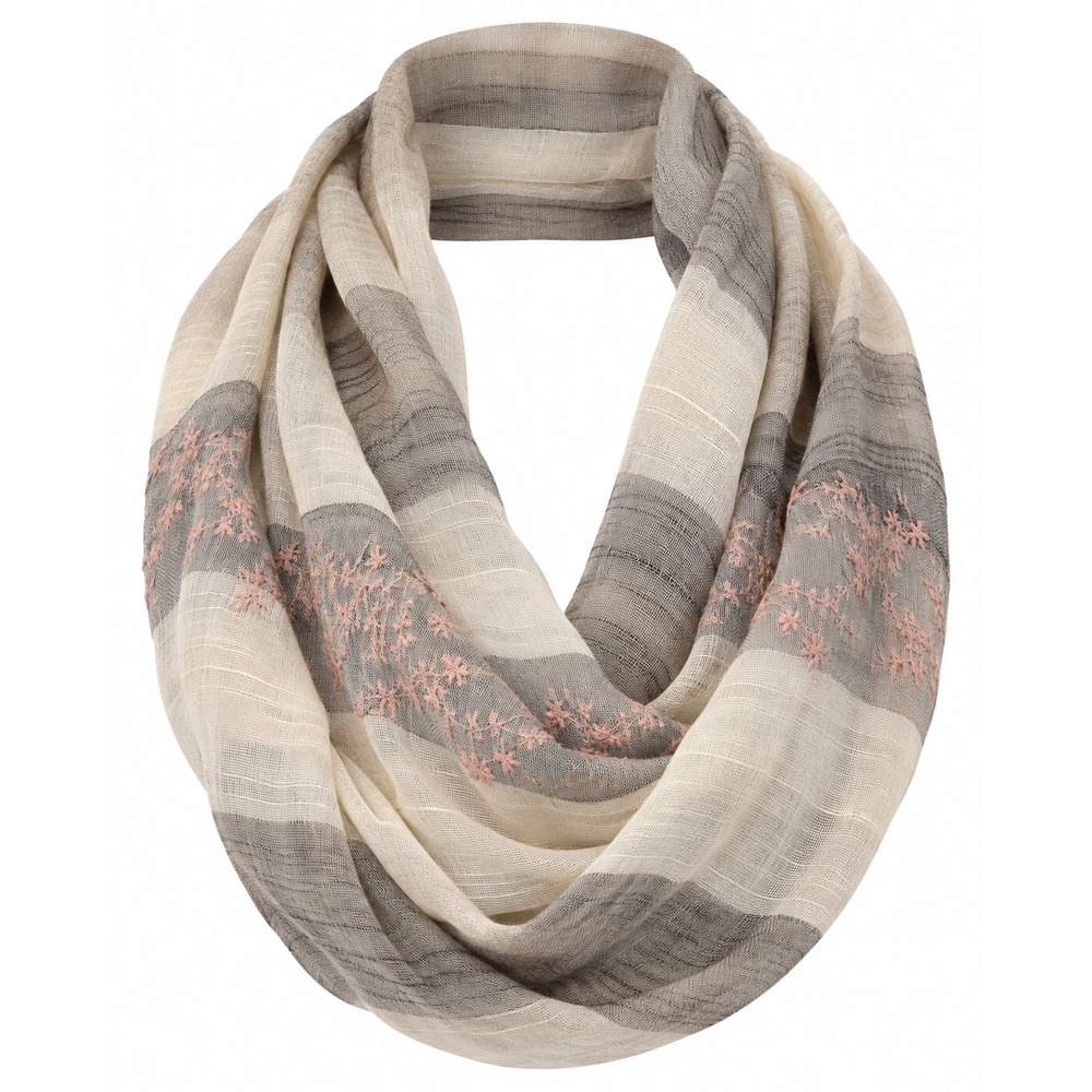 Simply Vera Vera Wang Infinity Scarf Grey Pink Floral Embroidered Boho Striped